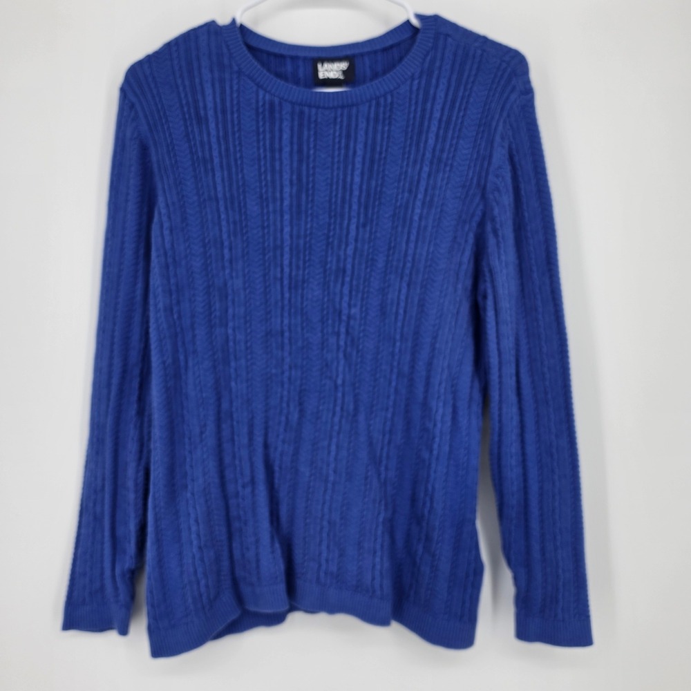 Lands' End Cable Knit Sweater Large Blue Preppy Coastal Lightweight cotton modal